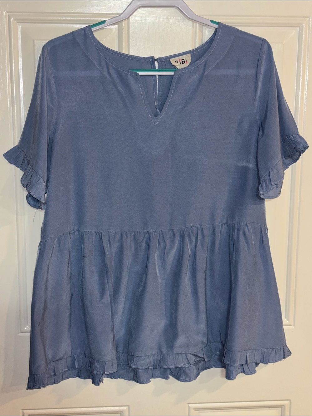 BiBi Dusty Blue Ruffle Peplum Blouse